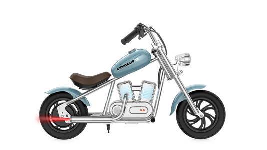 Blue eMOTO Hyper Gogo Challenger 12 Plus electric bike without training wheels, shown in side view, app-compatible model