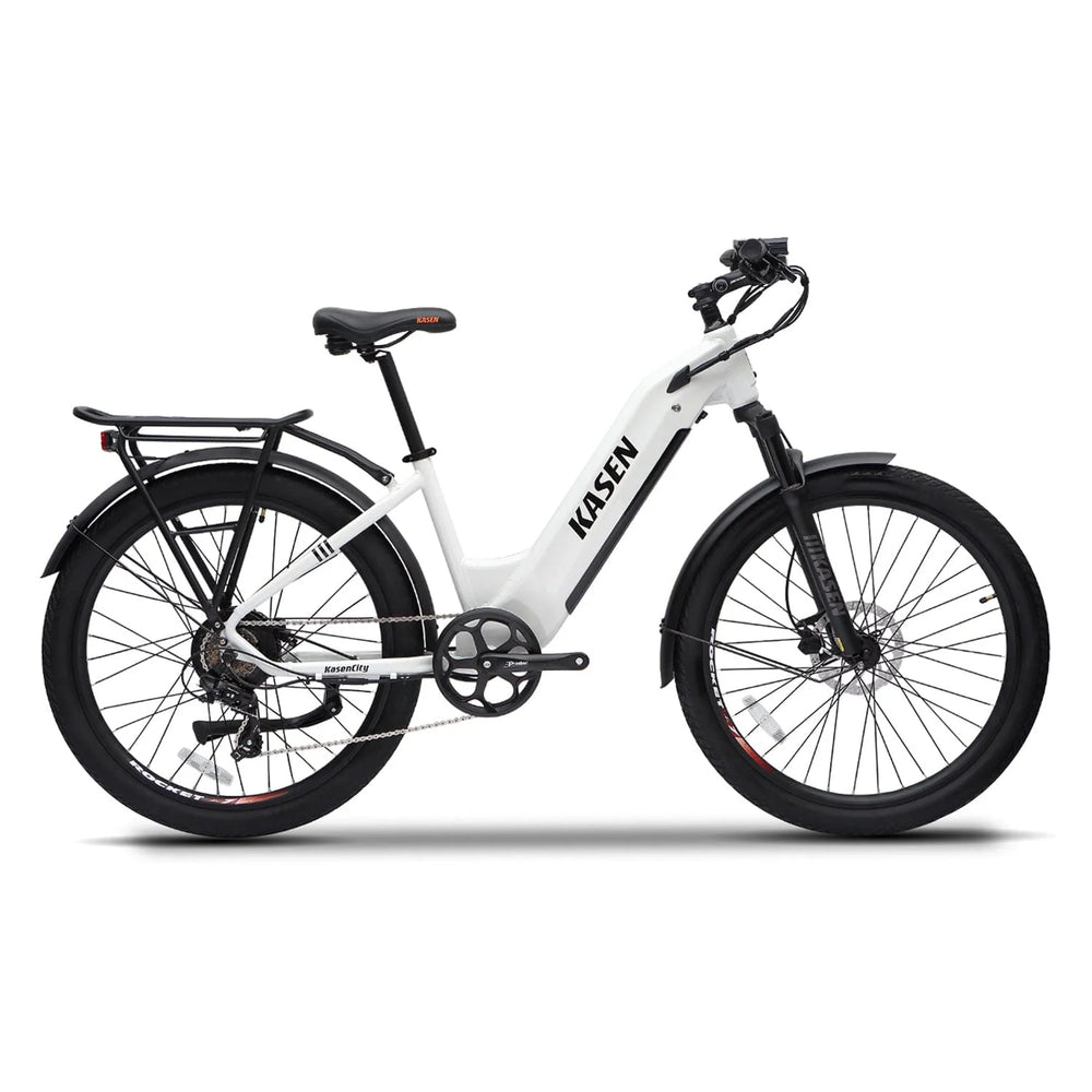 White KASEN City 2.0 750W Step-Thru Urban Electric Bike with 27.5x2.4 tires, side view