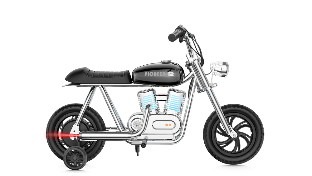 Black eMOTO Hyper Gogo Pioneer 12 Plus electric bike with training wheels, shown in side view; features app connectivity.