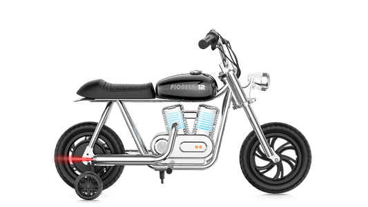 Black eMOTO Hyper Gogo Pioneer 12 Plus electric bike with training wheels, shown in side view; features app connectivity.
