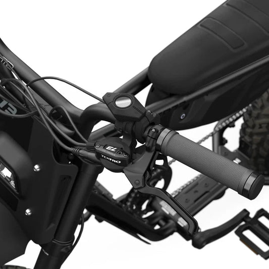 Side view of the Super73 Z Adventure Series SE eMOTO eBike in a showroom, highlighting its rugged frame, thick tires, and matte finish, available for in-store pickup only.