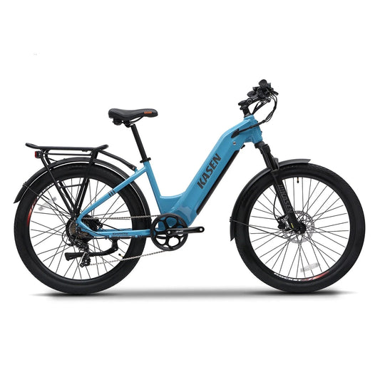 Blue Kasen City 2.0 eBike packaged inside a black box