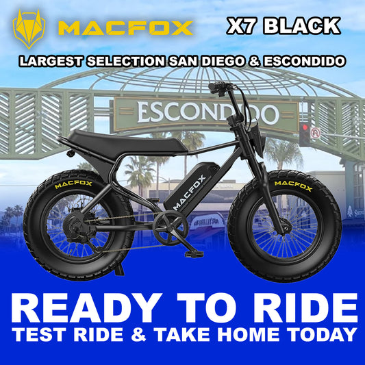 Black Macfox X7 eBike with single battery, X7 Trim, displayed in Escondido setting, product image R2R