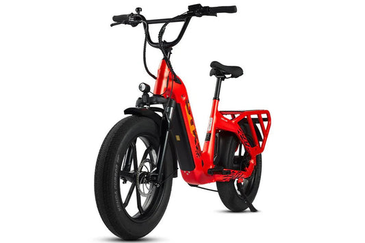 A black CYKE Collie Cargo electric cargo eBike with 48v 750w motor and mini fat tires, shown from the side with rear cargo rack and sturdy frame.
