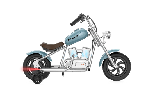 Blue eMOTO Hyper Gogo Challenger 12 Plus electric bike with training wheels, shown in side view, featuring app connectivity