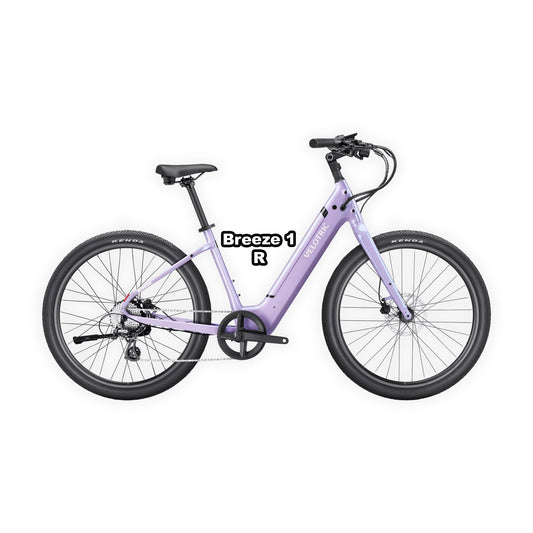 Velotric Breeze 1 eBike in Violet Haze color, regular frame, shown in box with packaging, product image, UPC 850060178788