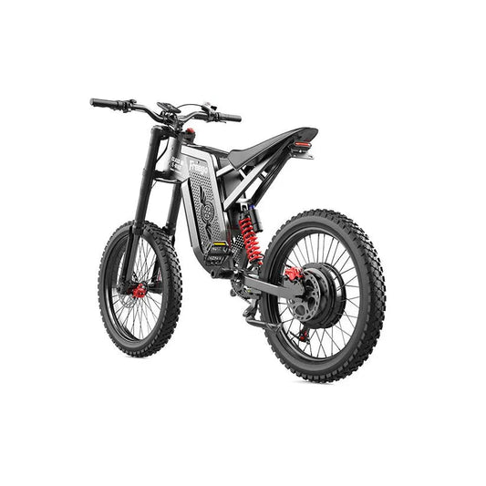 Side view of the eMOTO FREEGO X2 Offroad Electric e-Moto Style eBike-Moto 3000W, showcasing its rugged tires, sturdy frame, and modern design, suitable for off-road use.